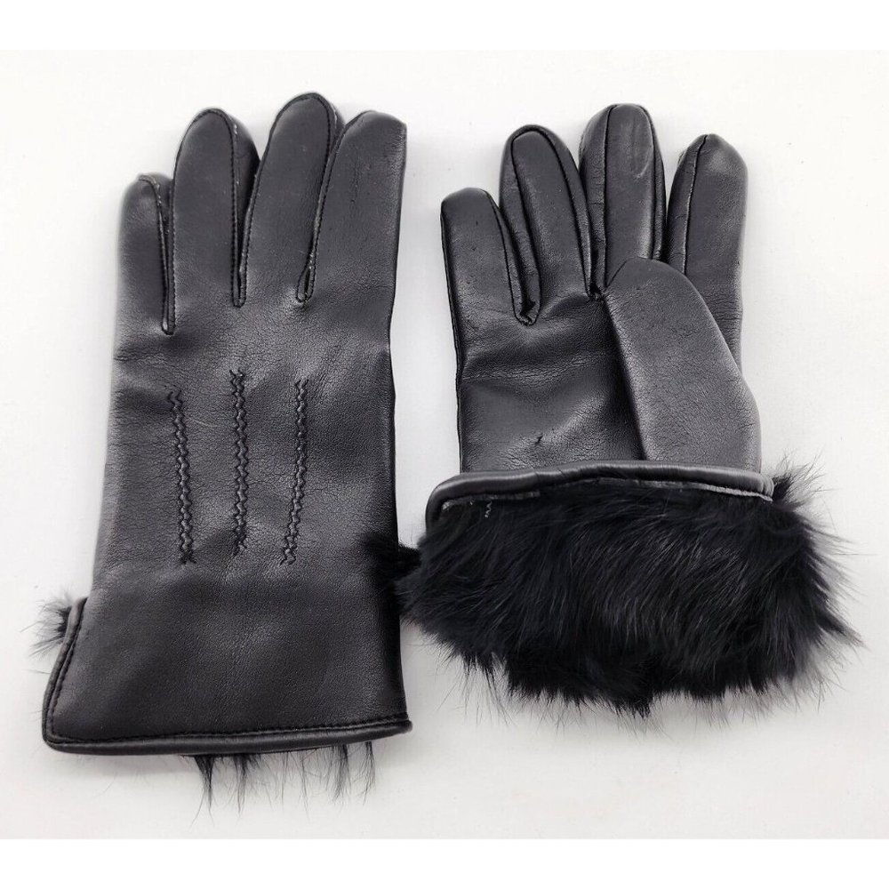 Jessica Stevens Women's Black‎ PVC Gloves  Animal Fur Lined Cuffs Size S/M